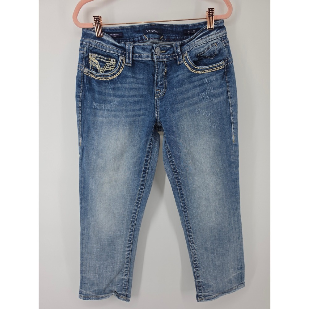 Vigoss The Dublin Capri Jeans Medium Wash Embroidered Pockets Size 7/8 Length 23
